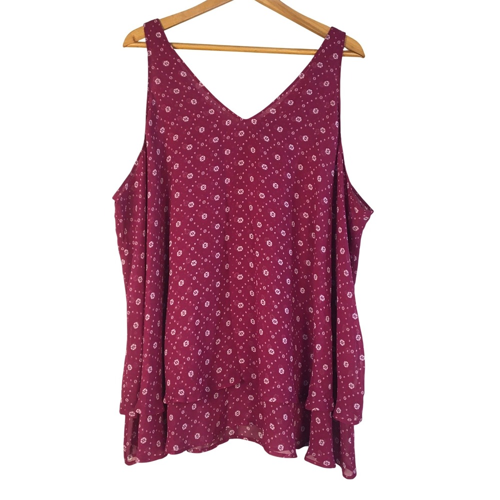 Lane Bryant Burgundy Floral Print Layered Chiffon Flowy Tank Top Plus Size 22‎